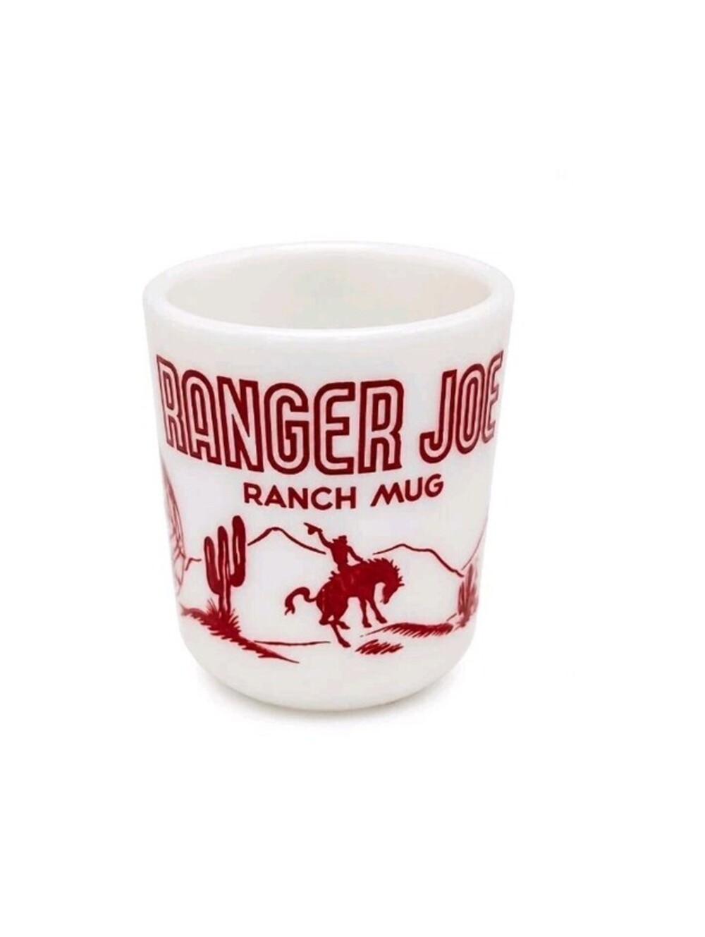 Vintage 1950s Hazel Atlas Ranger Joe Ranch Mug Red Milk Glass Cowboy 3”
